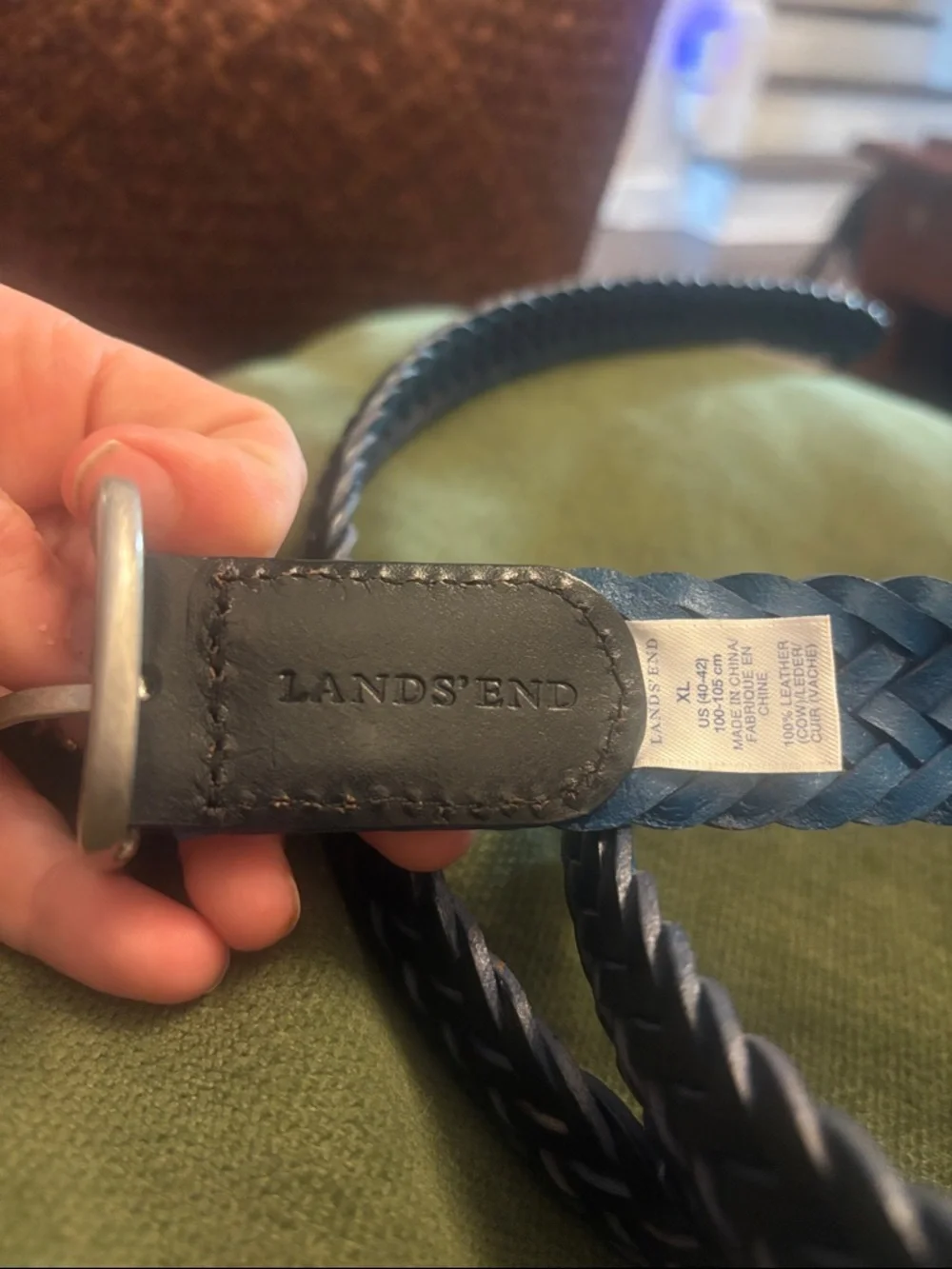 2 Lands' End Braided Leather Belt with solid brass/silver toned buckle